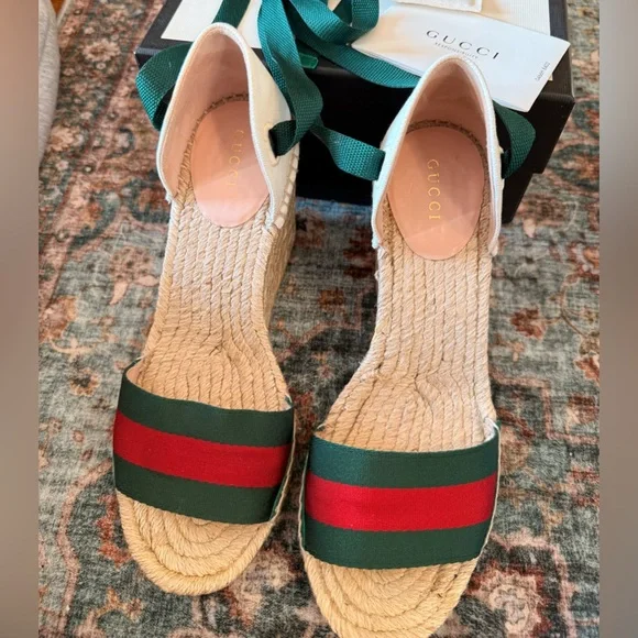 GUCCI Sherry Web Stripe Espadrille Wedges | Ankle Wrap | EU 38 (US 7.5–8) - Picture 2 of 9